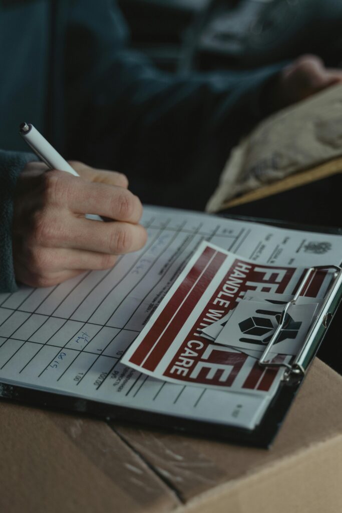 Person writing on clipboard with fragile sticker, emphasizing logistics documentation.